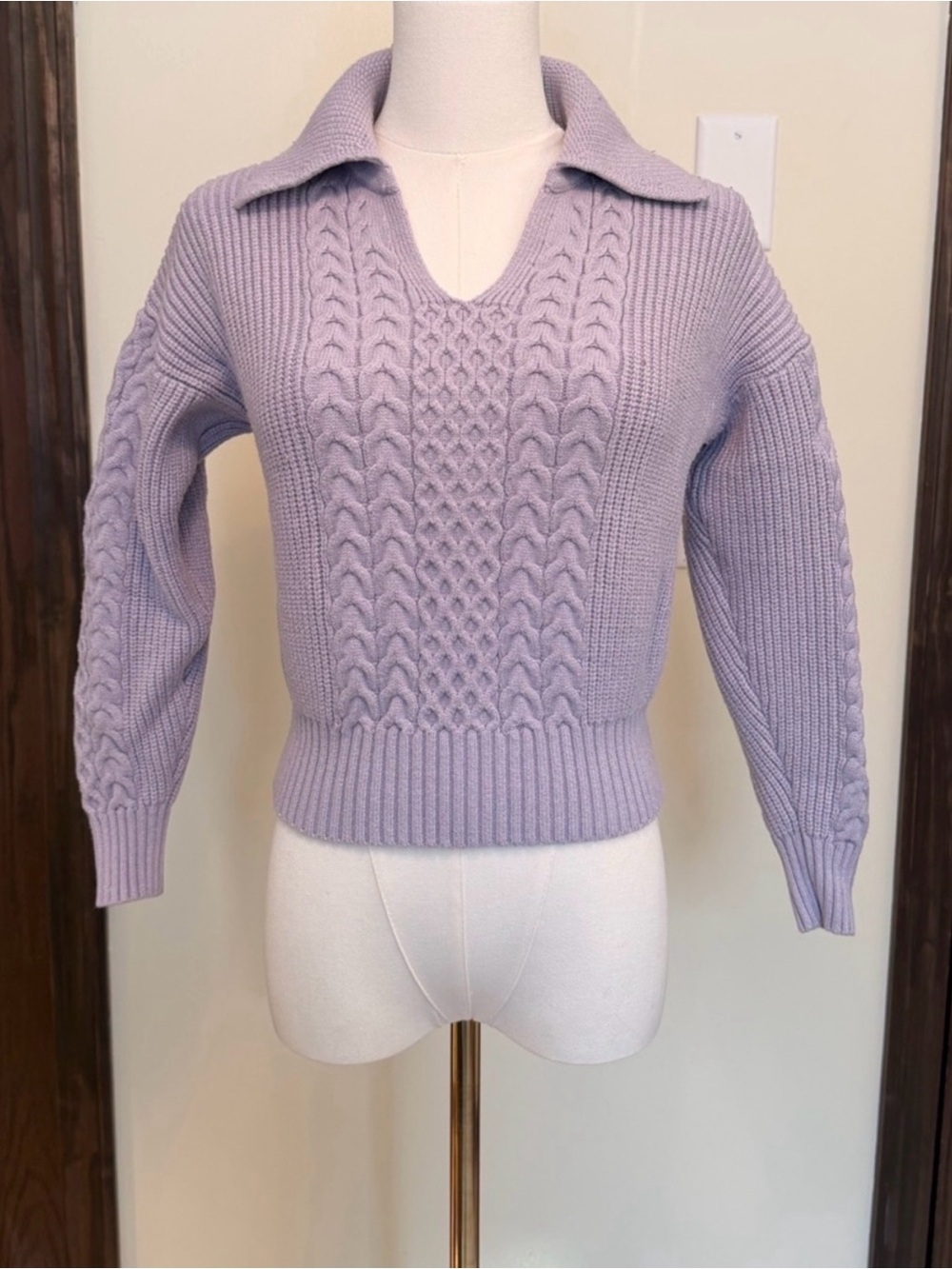 Truth Lavender Cable Knit Polo Sweater V-Neckline
